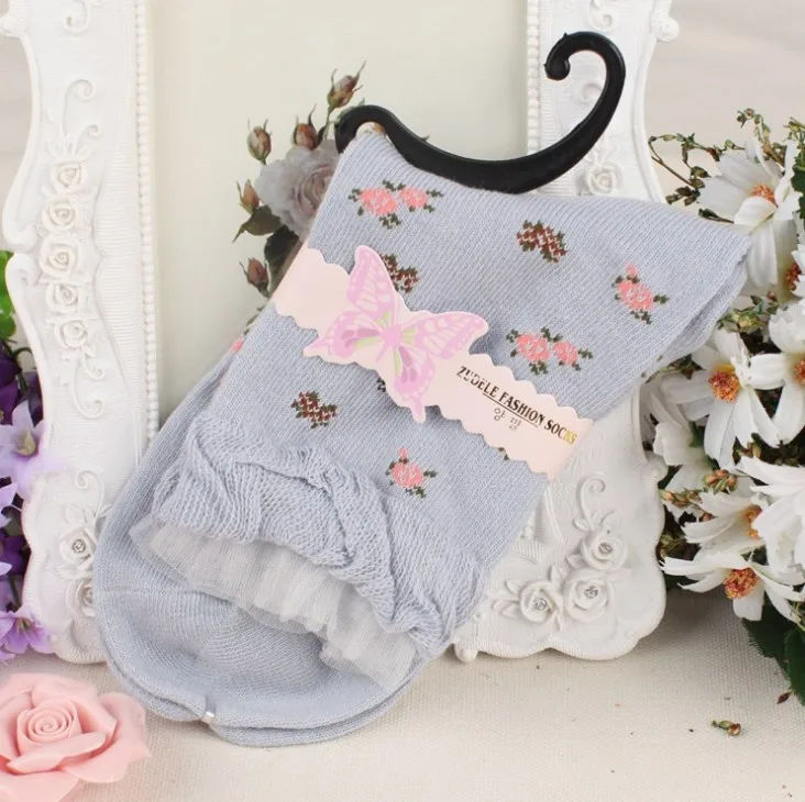 models double layer lace bubble mouth small floral cotton tube socks hot sale flower pattern middle tube sock for girls