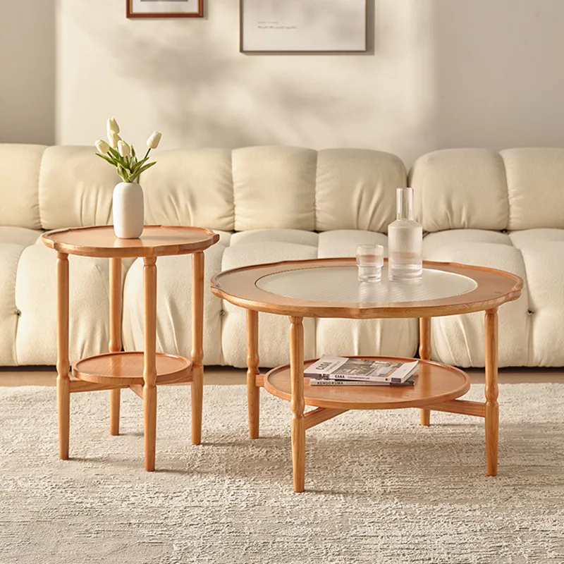 Dreamhause Japanese-style Creative Living Room Wood Glass Coffee Table Homestay Apartment Flower Round Low High Tea Table Set