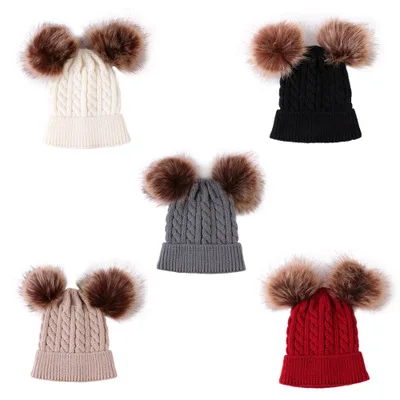 Fashion baby fur pompom caps winter fur twin pompon knitted caps