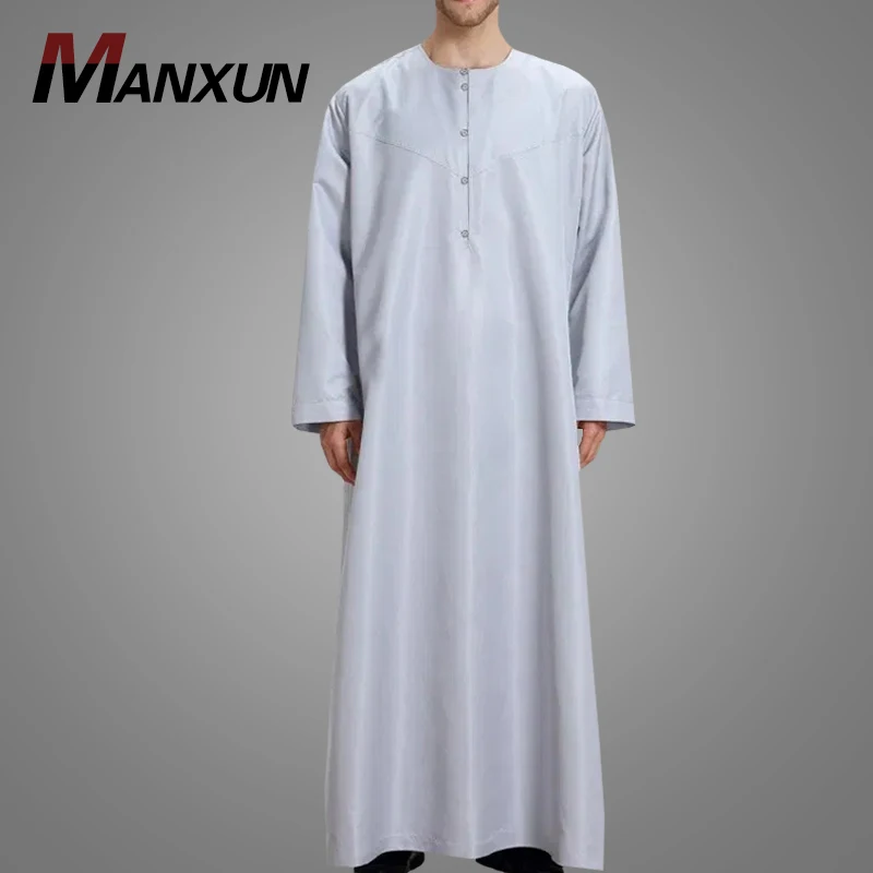 High Quality Arab Men Thobe Satin Fabric Turkish Style Islamic Clothing Cosy Kuwait Round Neck Muslim Men Galabia