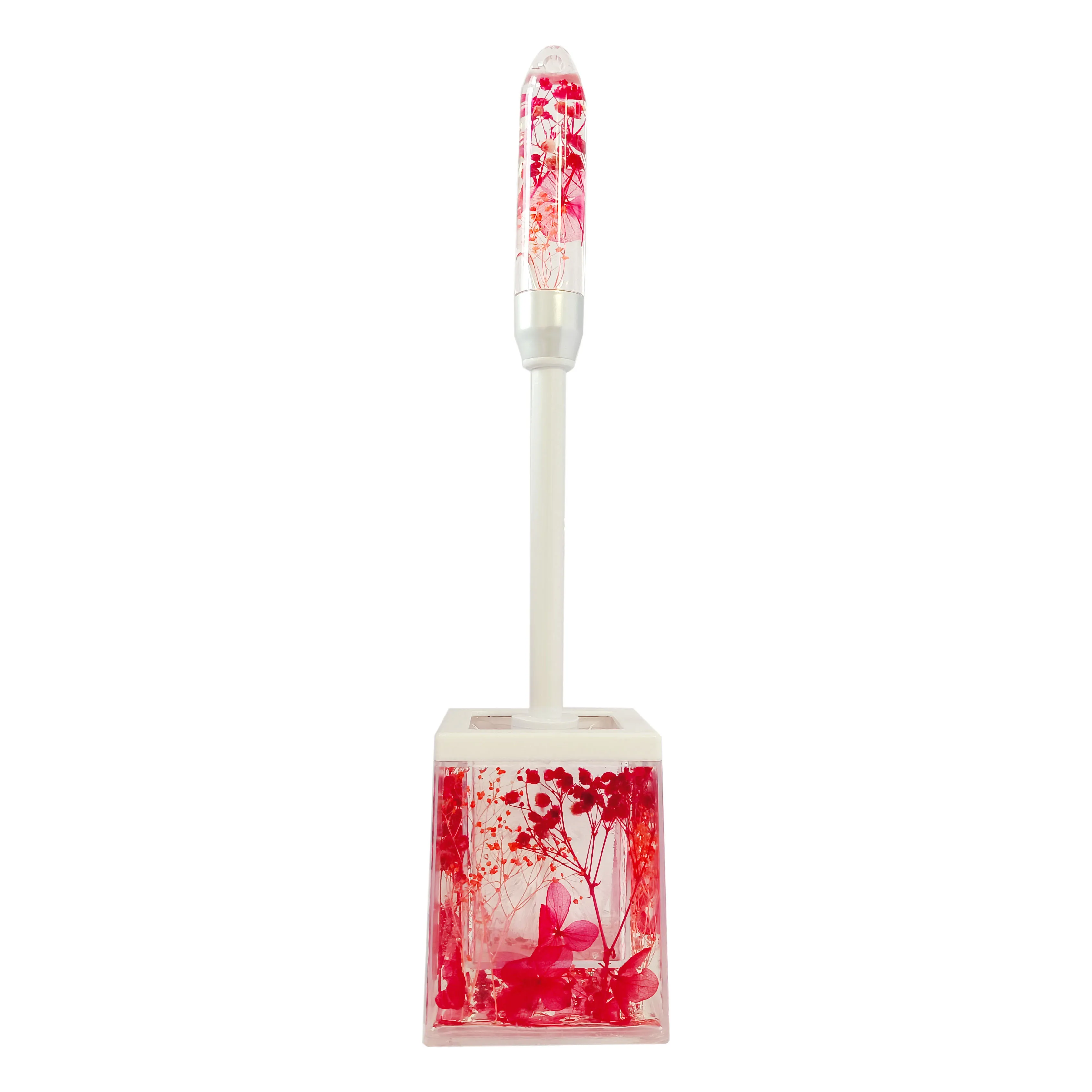 Acrylic Toilet Brush Square Holder Bathroom Accessories Cleaning Kit Red Dried Flowers Household Tools Bathroom Decoration