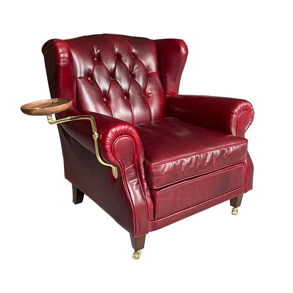 Antique Oxblood Full Genuine Leather Wing Back Cigar Lounge Sofa Armchair Buttons Tufted  Furniture Chairs With Tray Table