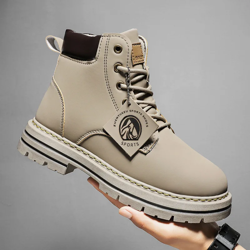 New Popular Fashion Style Boots  Mens High Help Work Leather Boots Casual Rainproof Leather Martin Boots With High-Top