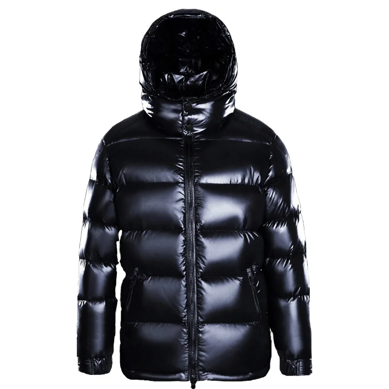 2023 wholesale shiny puffer jacket men black custom logo hooded down padded parka quilted winter coats for men