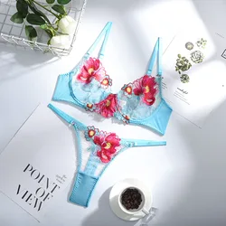 Women Colorful Embroidery Neon Green Appliques Design Sheer Underwear Sexy Girls 3 Piece Erotic Lingerie Set with garter belt