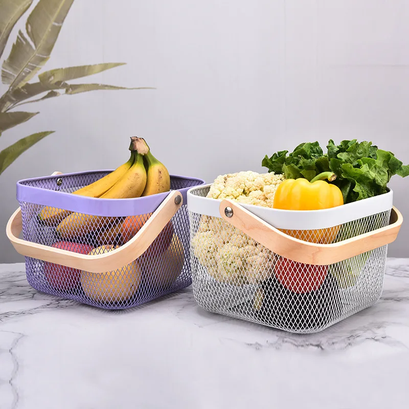 Household wholesale multi-functional  square wire with wood handle storage basket