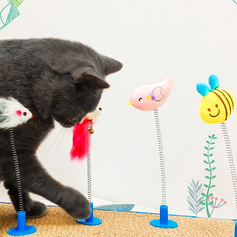 Wholesale Pet Teaser Wand Cat Feather Toys with Loud Bell  Interactive Toys Cat Charmer Wand With Spring Stick to Scratcher