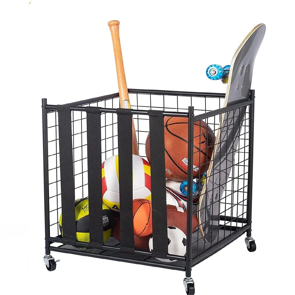 Rolling Sports Ball Storage Cart, Lockable Basketball Cage Sport Equipment Holder Organizer for Indoor Outdoor