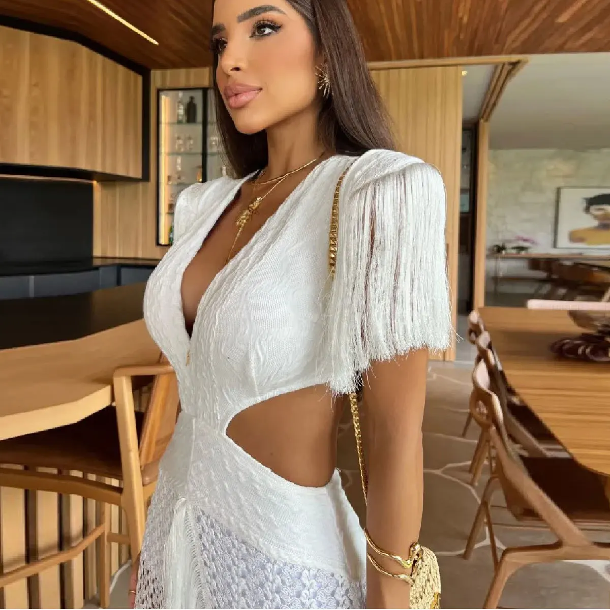 JSN 2024 Sexy White Lace Women Dress Fringe V Neck Tassel Sleeve Slim Naked Waist Hollow Out Tassel Dress Summer Beach Female