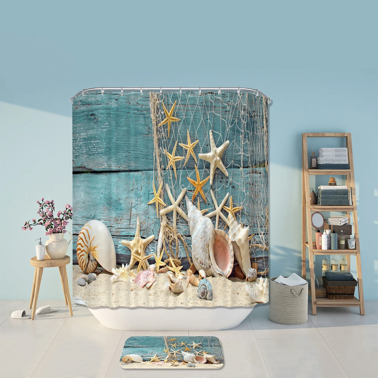Hot sale European polyester shower curtain 3d shower curtain mat with shell