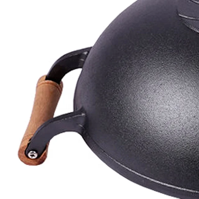 Hot Selling Cast Iron Cooking Cookware Wok Double Wooden Handle And Wooden Lid