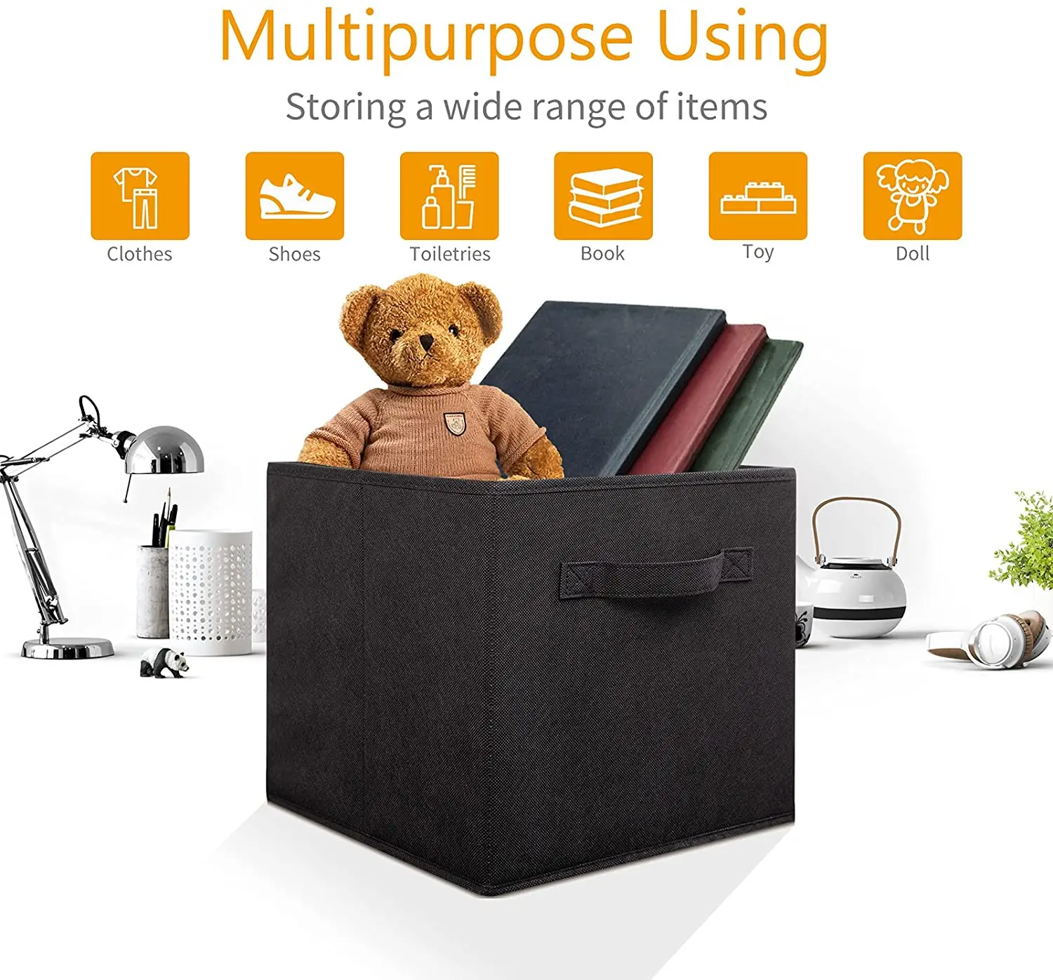 Cube storage box with transparent window, solid handle, fabric foldable storage basket