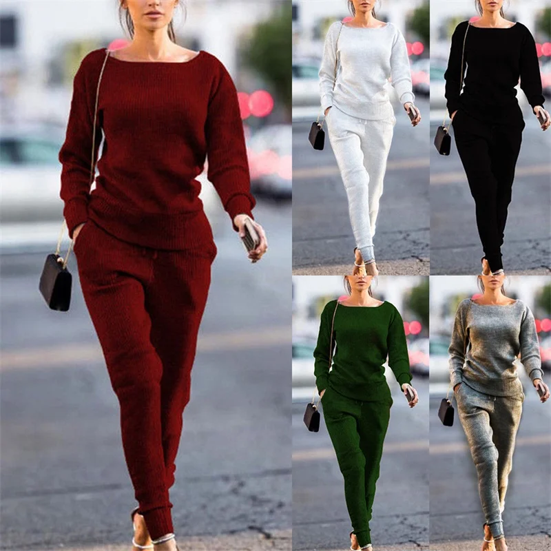 Ajustado Mujer Traje De Punto Chandal Cuello Redondo Manga Larga Senoras Trajes Track Suit Sport Casual Long Sleeve Sets