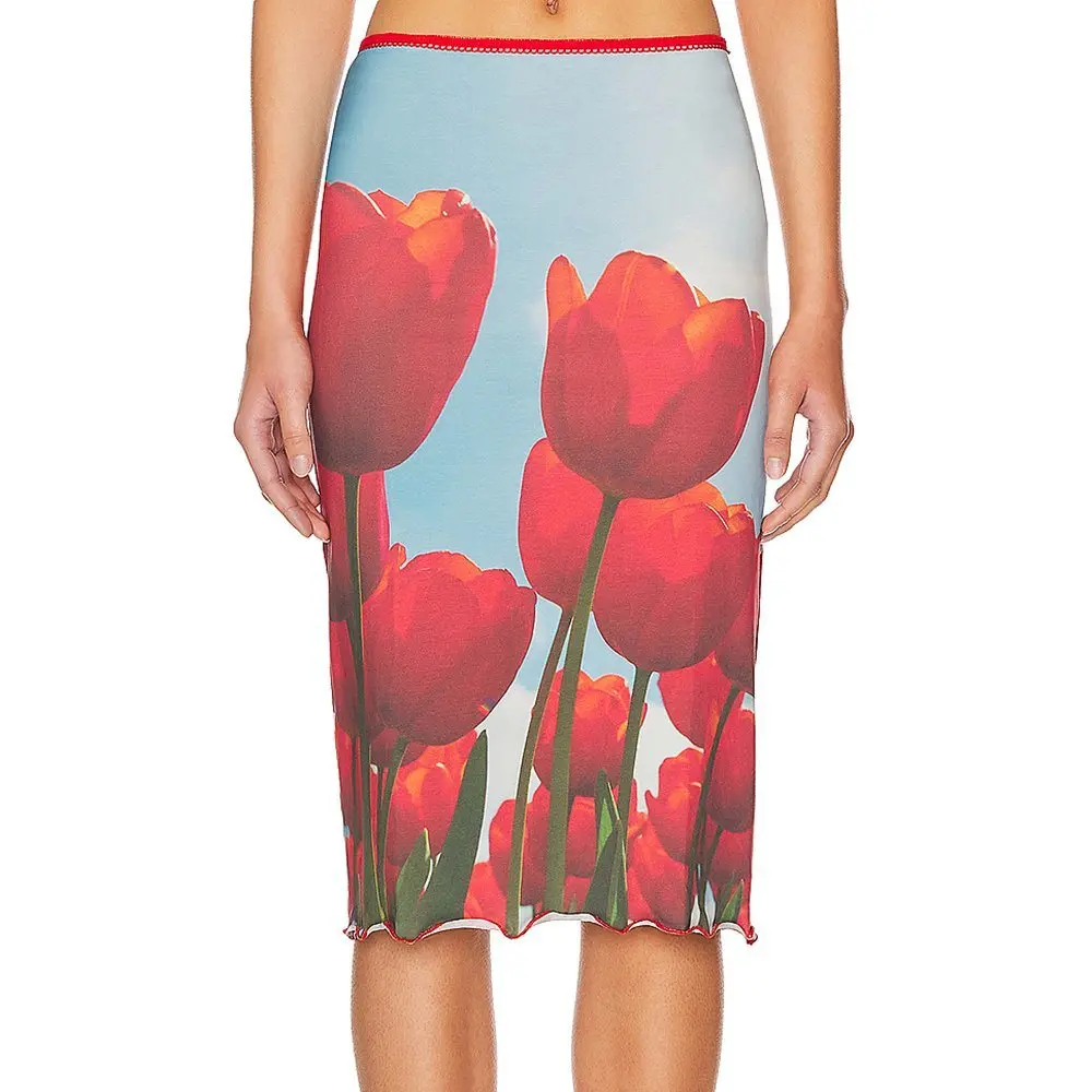 2024 High Quality Casual Party Skirt Transparent Vacation Fragmented Flower Long & Sexy Elegant Digital Printed Design