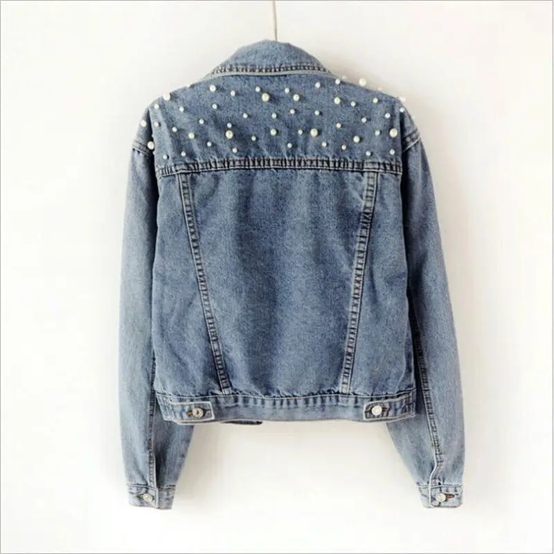SP2948A  Spring Fall Pearl Beading Jeans Coat  Women Denim Jacket