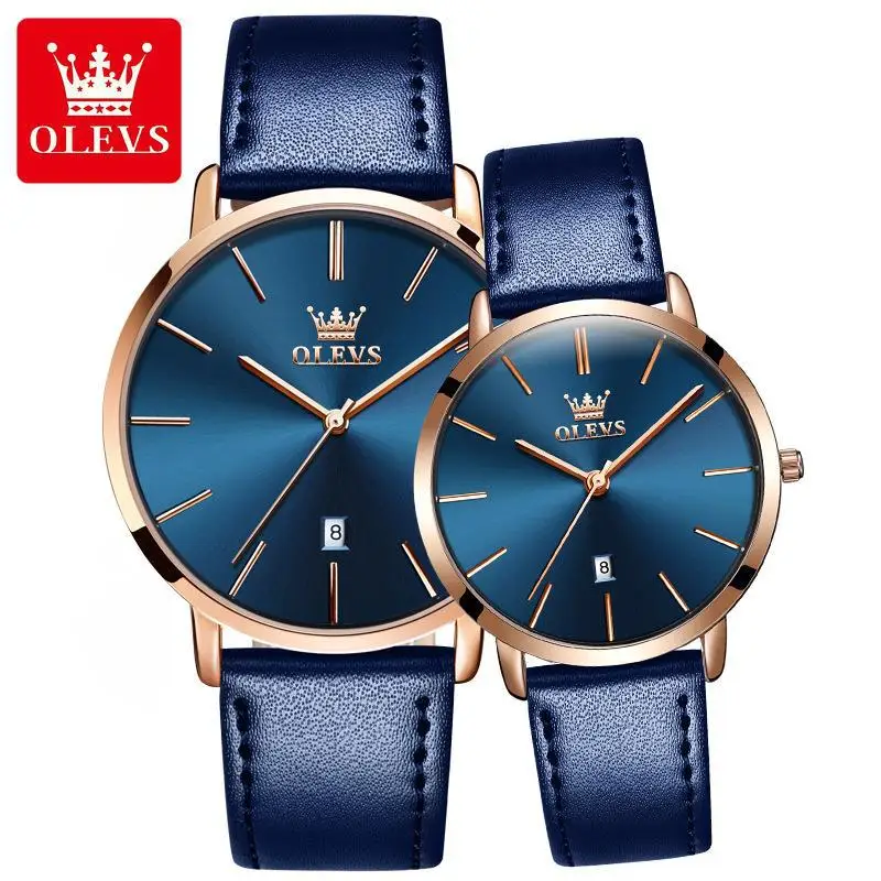 OLEVS 5869 luxury classic lovers quartz watch superior Genuine Leather band Waterproof date display low moq business wrist watch