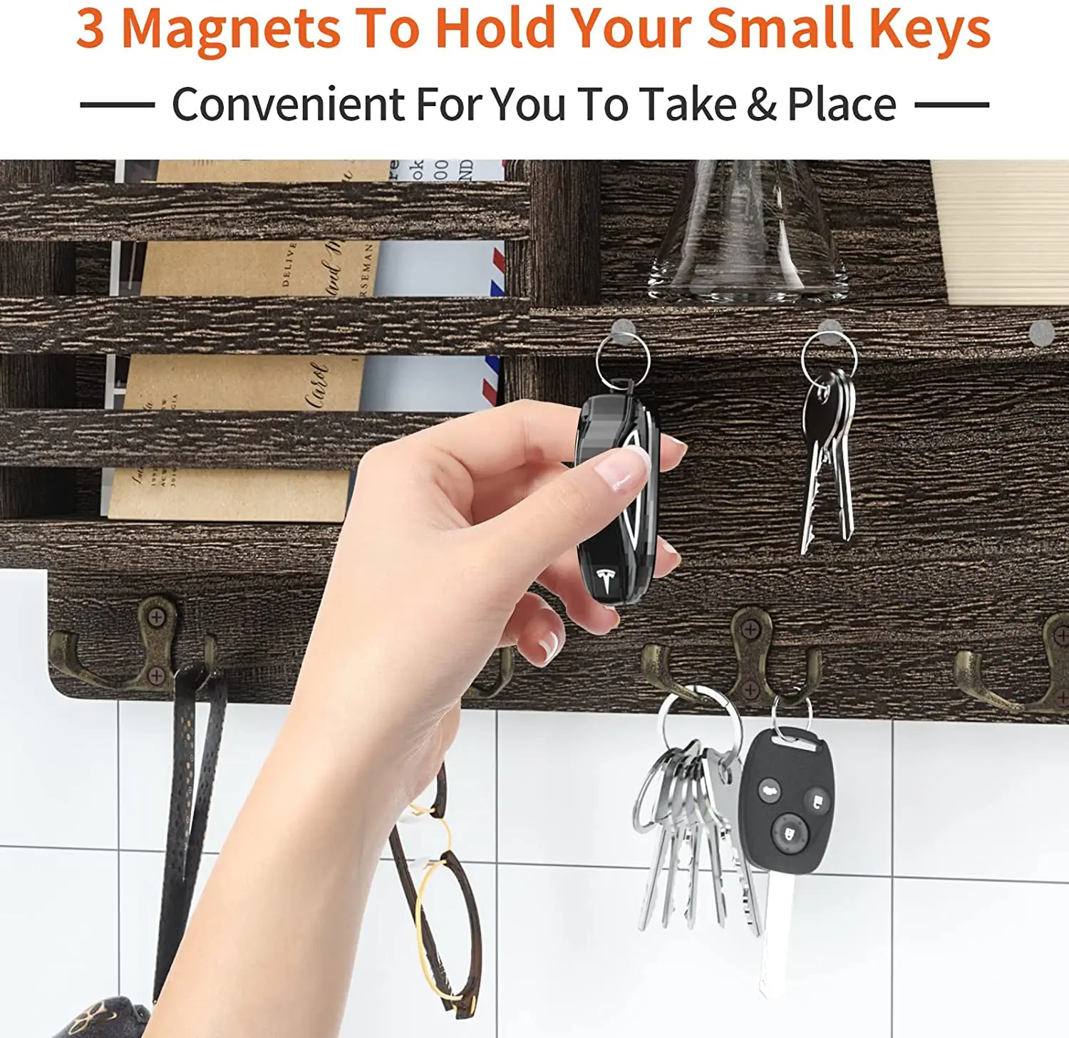 Key Holder for Wall with Magnet Hanging Rustic Wooden Mail Holder with Key Hooks Wall Mounted Key Hanger Organizer for Entryway,