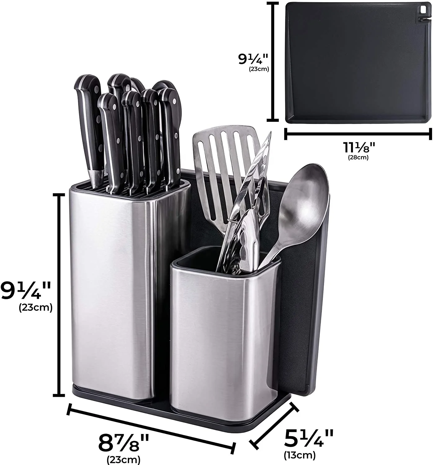 Easy Drainage Holes Stainless Steel Universal Magnetic Utensil Holder and Knife Block with Cutting Board Set