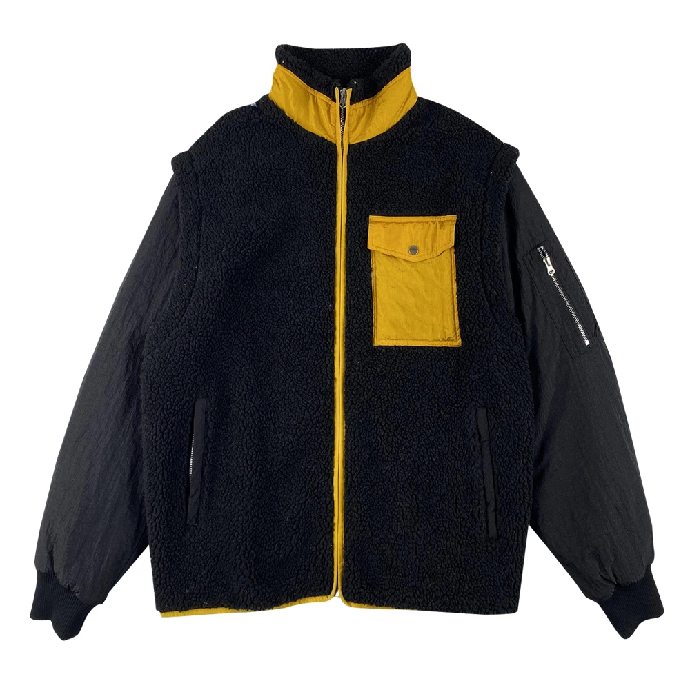 Unisex Winter Fleece Jacket Plaid Pattern Bomber Jacket Zip-up Teddy Style Casual for Men Design Your Own OEM Logo Black Stand