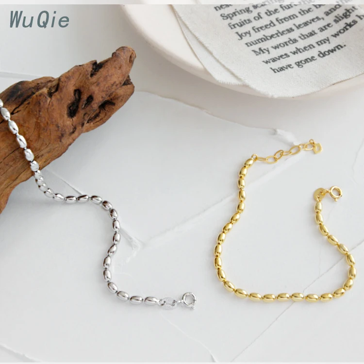 Wuqie S925 Sterling Silver Gold Plated Oval Bead Bracelet Wild Beaded Bracelet Bangles