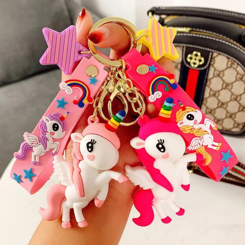 OEM Custom 3D Soft PVC Unicorn Keychains Colorful Horse Keyrings Bag Pendant for Gifts Korean Keychain