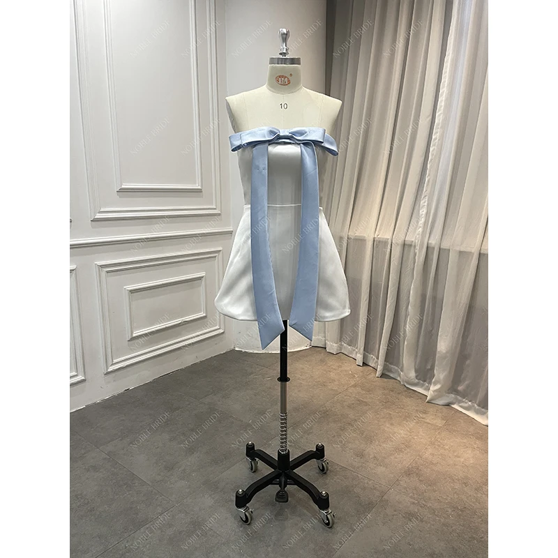 Minimalist Bridal Cheap Big Blue Bow Wedding Reception Short Gown Women Princess Mini Satin Wedding Dresses with Puffy Sleeves