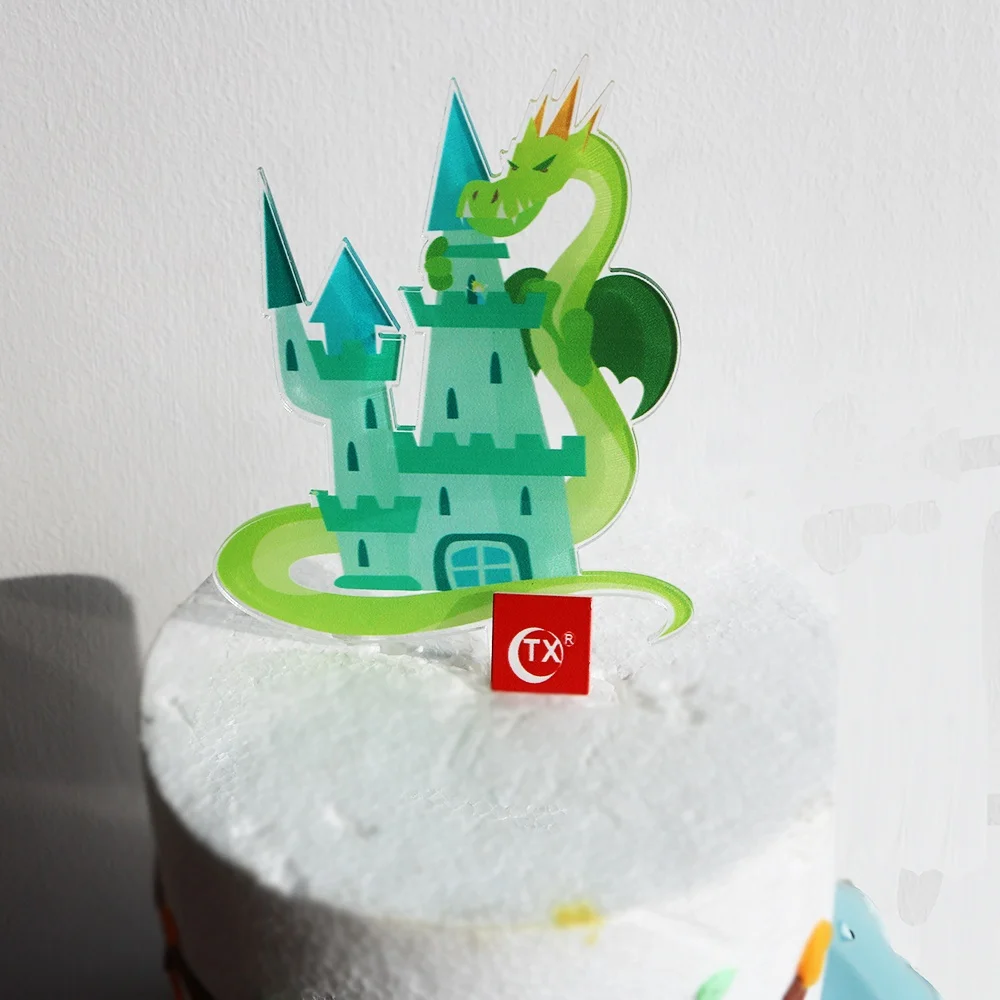 
TX UV Printing Castle Of Princess and Prince With Dragon On It Acrylic Cake Topper For Kids Party Cartoon Suppliers 
