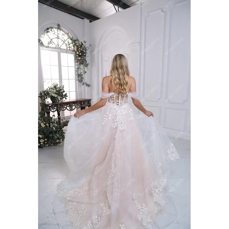 Hot Sexy Plunge V Leaf Applique Sheer Corset Women Off Shoulder Gown Glitter Tulle Sweetheart Bridal Wedding Dresses Elegant