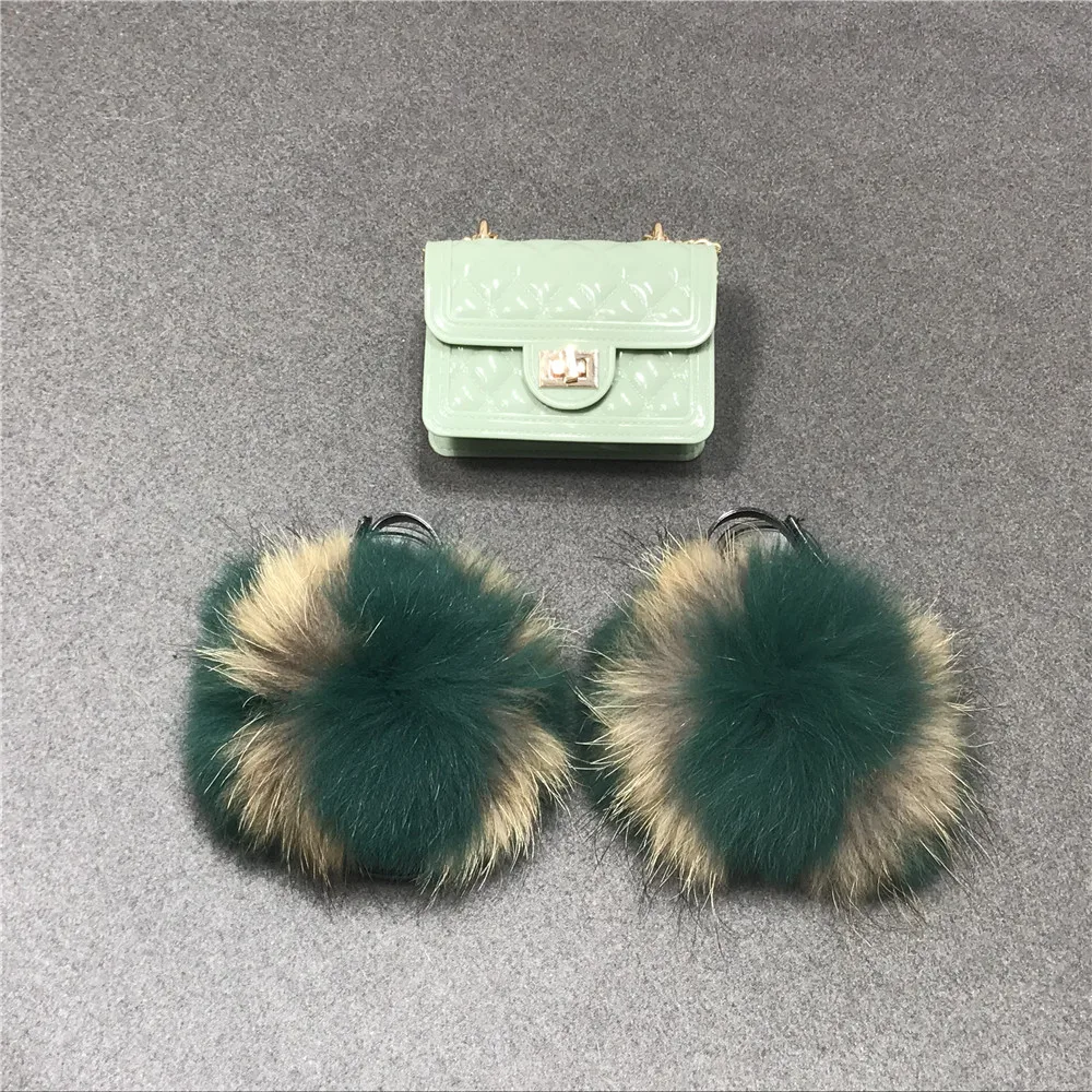 
Kids Fur Slippers Jelly Bag Purse Set Fluffy Fur Slides Handbag with Slides Real Fox Fur Slides Children Shoulder Bag Wholesale 