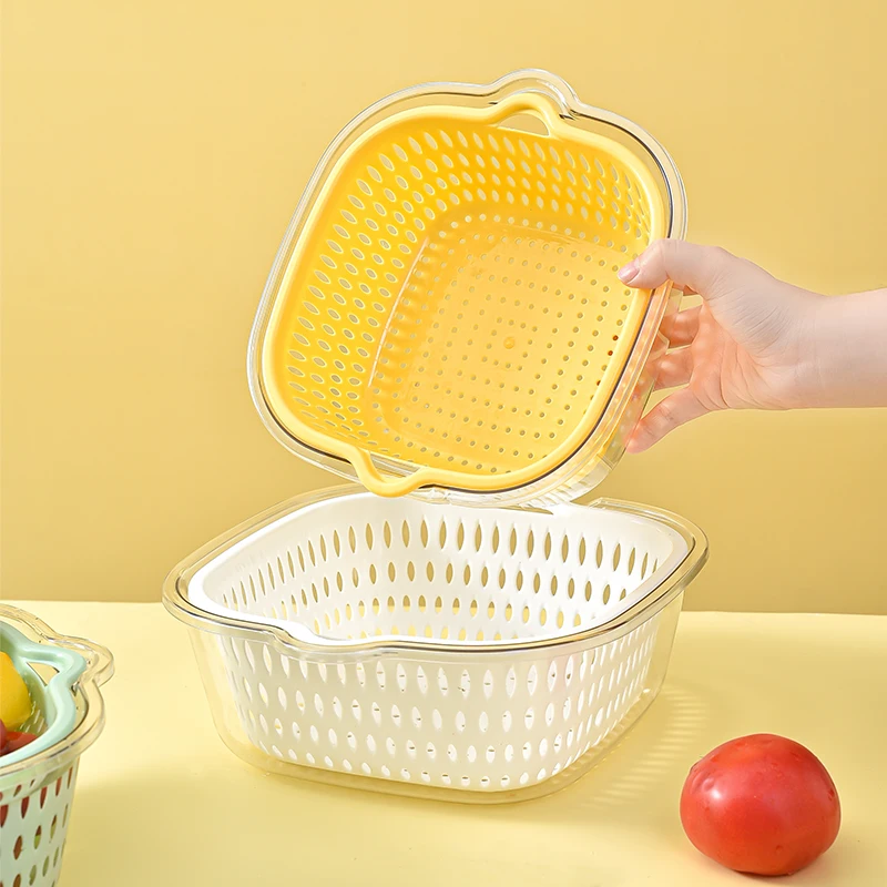 Home kitchen double-layer multi-functional vegetable and fruit washing basket PET  plastic drain basket with handle