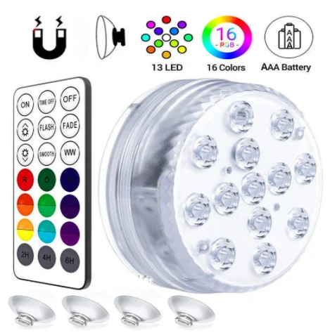 13LED RGB Дайвинг свет с присоской магнит сад Пруд аквариум для рыб бассейн батарейный отсек Ip68 водонепроницаемый LED
