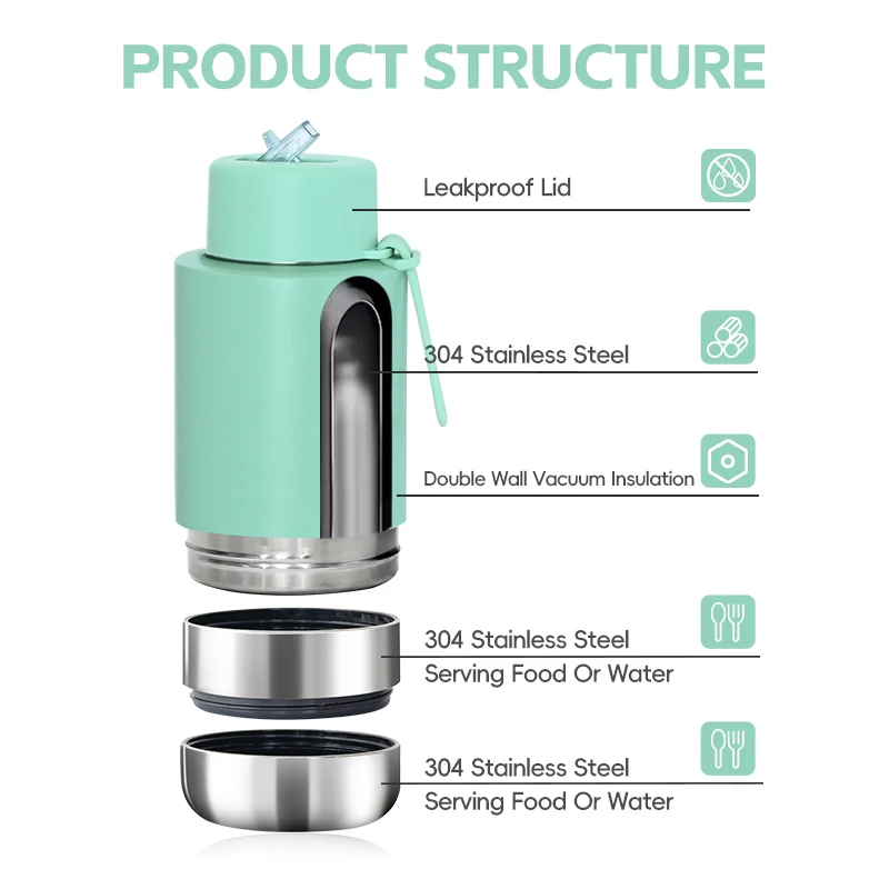 KEWIXY style 34oz 3 in 1 stainless steel pet food feeder insulated vacuum 1l travel portable dog drinking water bottle