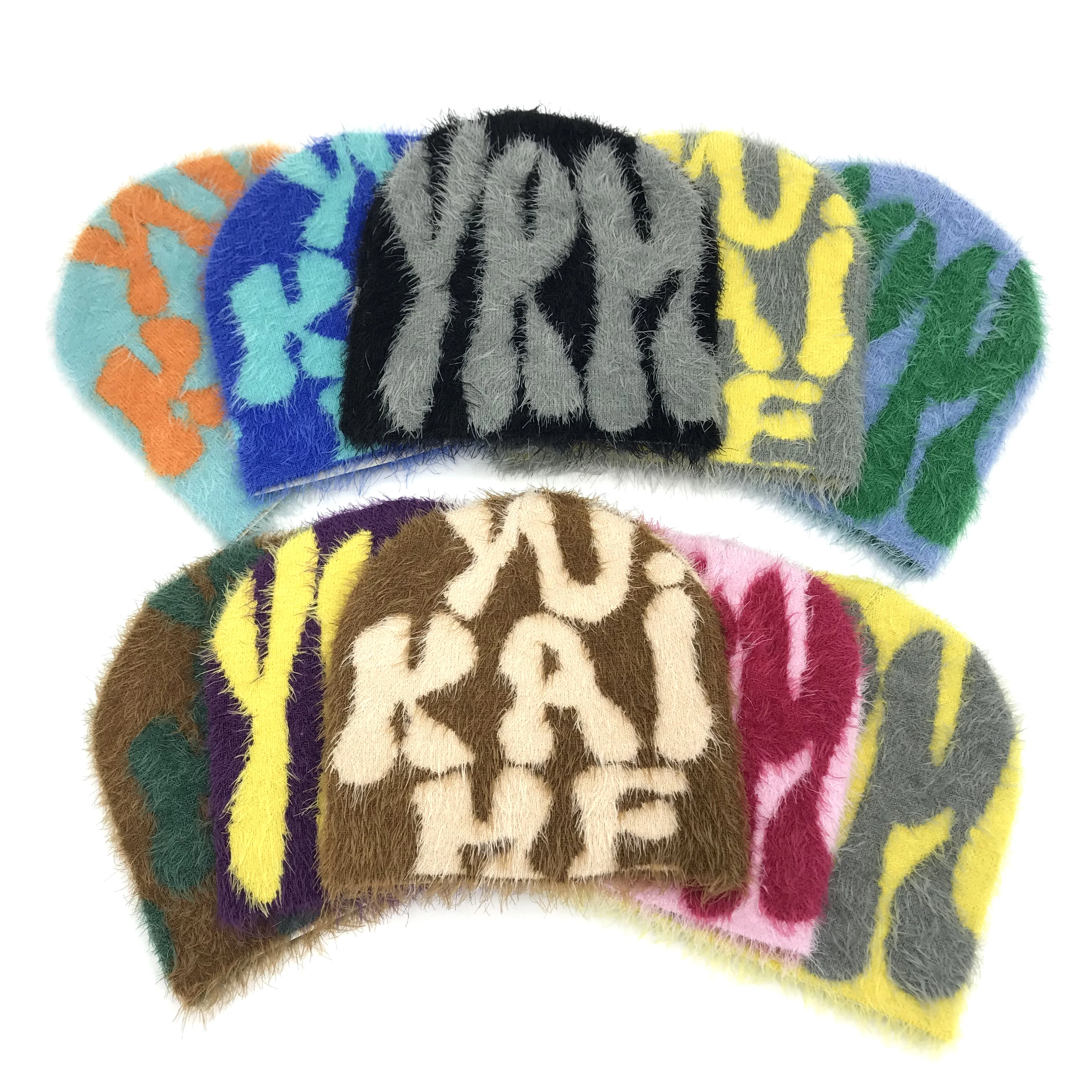 Custom Logo Jaquards Y2K All Over Print Logo Beanies Acrylic High Quality Knit Premium Jacquard Mohair Beanie Hat