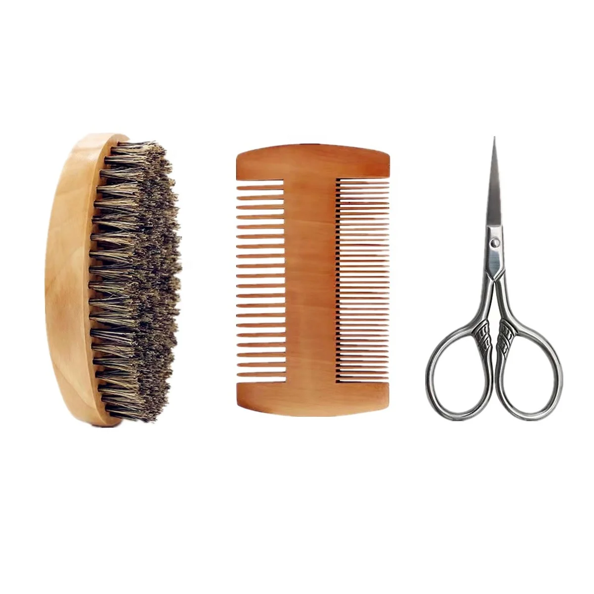 3PCS Multi-functional Natural Wood Boar Hair Beard Brush and Comb with Scissor for Men Grooming and Beard Care
