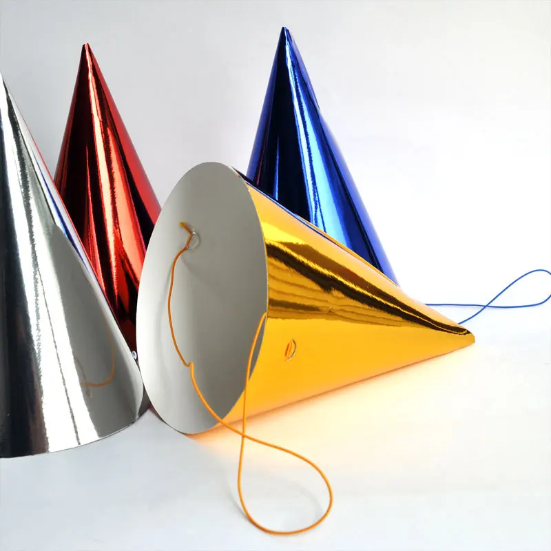 New Happy Birthday Kids Children Adults Metallic Paper Party Hat 4pk with String