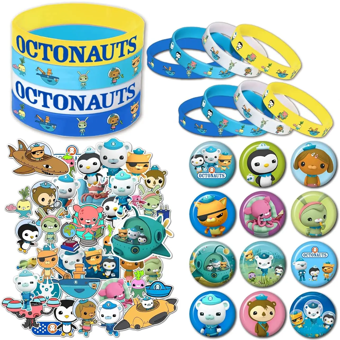 Octonauts cartoon Birthday Party Supplies Favors Gifts Set Include 12 Bracelets, 12 Button Pins, 70 Stickers for Girl Boy