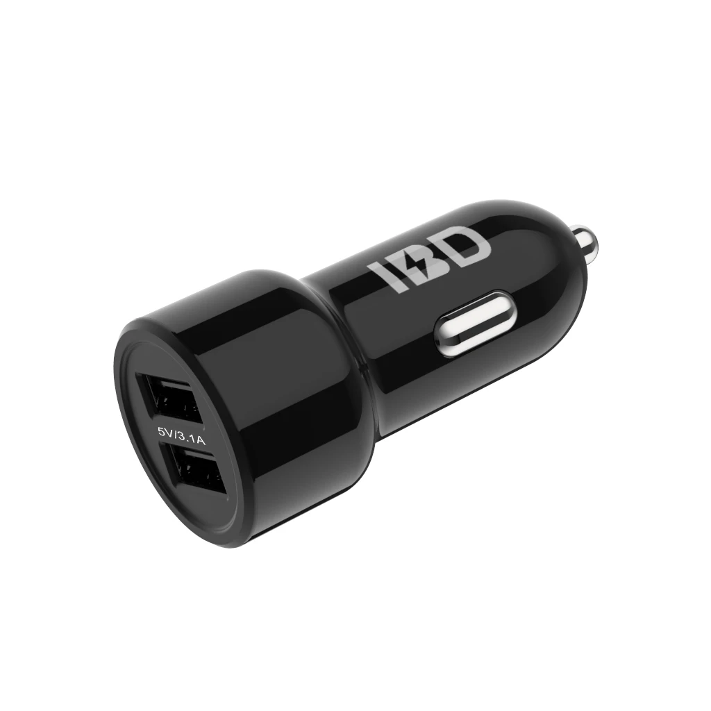Black OEM Two-port USB Car Charger Built-in Blue LED Light Car Charger with Private Mold for Mobile Phone
