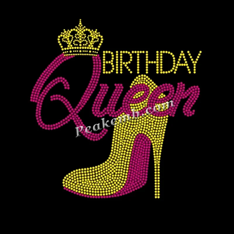 Hot Sale Custom Design Hotfix Birthday Queen Rhinestone Transfer Pink &Yellow High-Heel Shoe Rhinestone Motifs Iron on