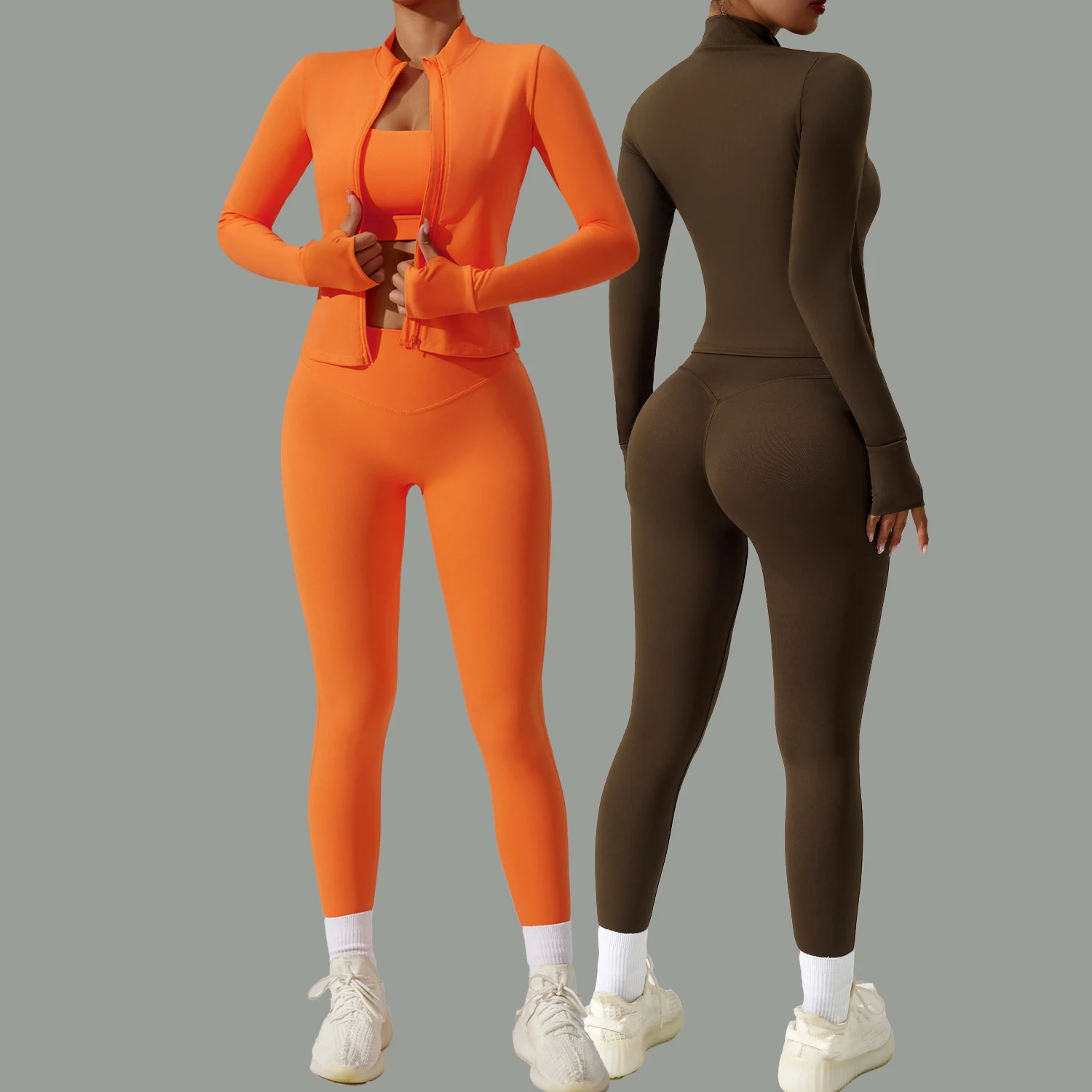 Work Out Fitness Girls Gym Jacket Zip Top Workout Long Sleeve Coat Sportswear 3 Pcs Piece spandex fabric yoga sets for women