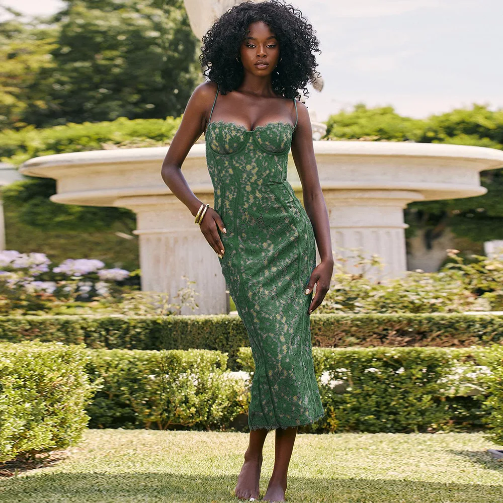 Sexy Fashion Lace Dresses Women Elegant Suspenders Backless Bodycon Green Lace Dress