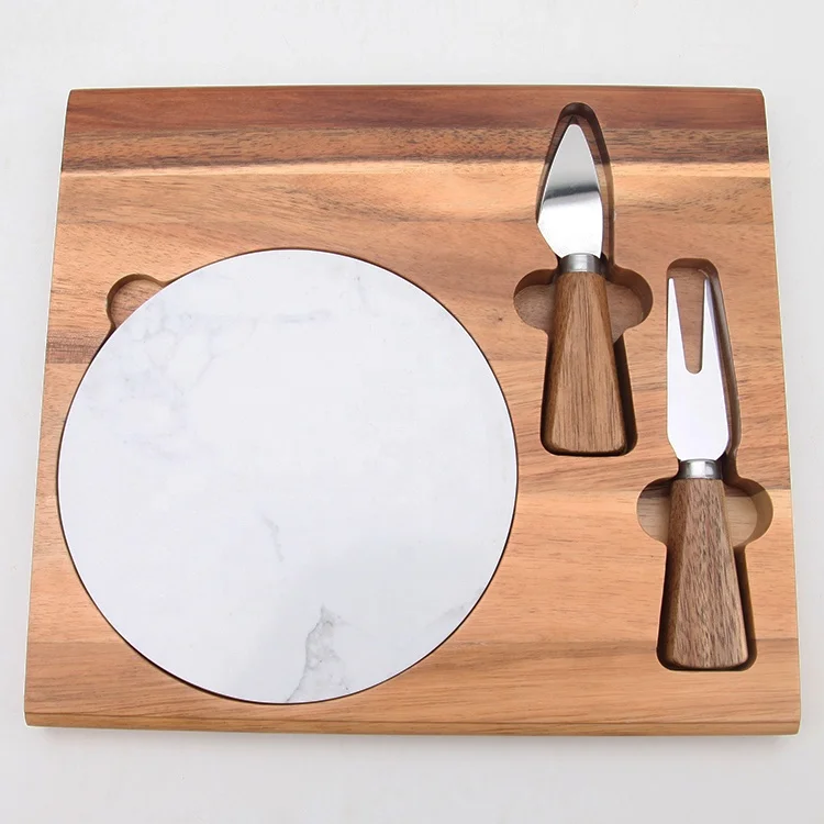 Multi cheese cutting board with knife set, acacia wood kitchenware set, marble cheese cutting board