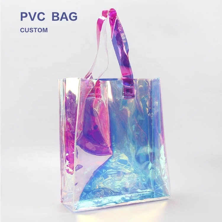 Huahao custom logo rainbow clear laser pvc transparent tote pvc plastic hand bag with handles
