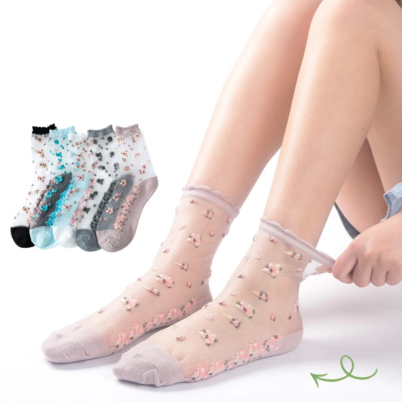 Summer Sexy Transparent Floral Fashion Women Cotton Bottom Thin Crystal Sheer Socks