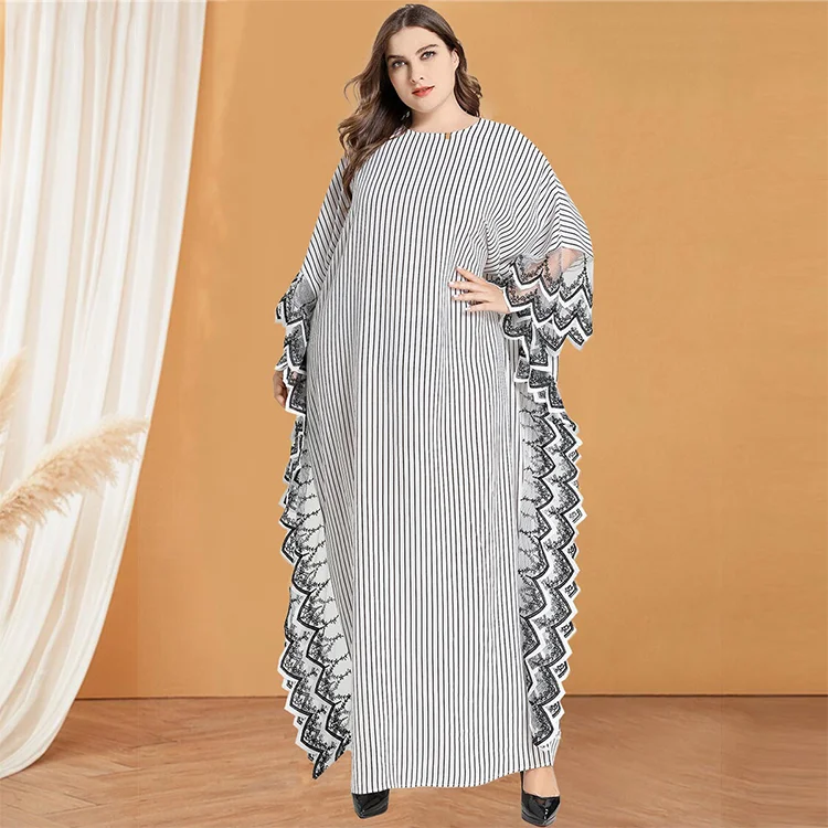 
0287 MuslimQLO striped lace stitching bat sleeve long sleeve casual abaya arabic muslim long dress new model abaya in dubai 