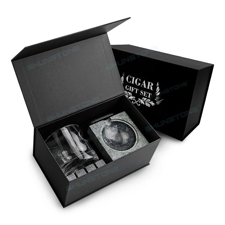 Hot Selling Custom Whiskey Cigar Glasses Holder Set With Granite Whiskey Stones And Natural Marble Ashtray Gift Set For Men