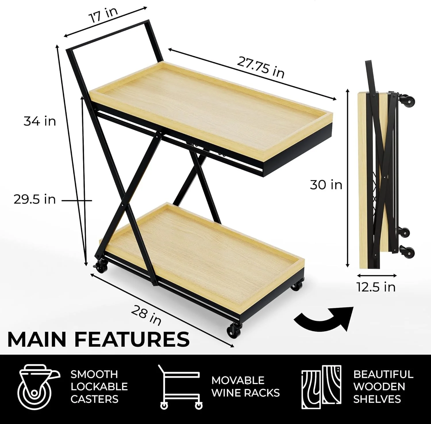 New design Rolling bar cart on wheels with wooden serving tray Collapsible home drink bar cart for kitchen