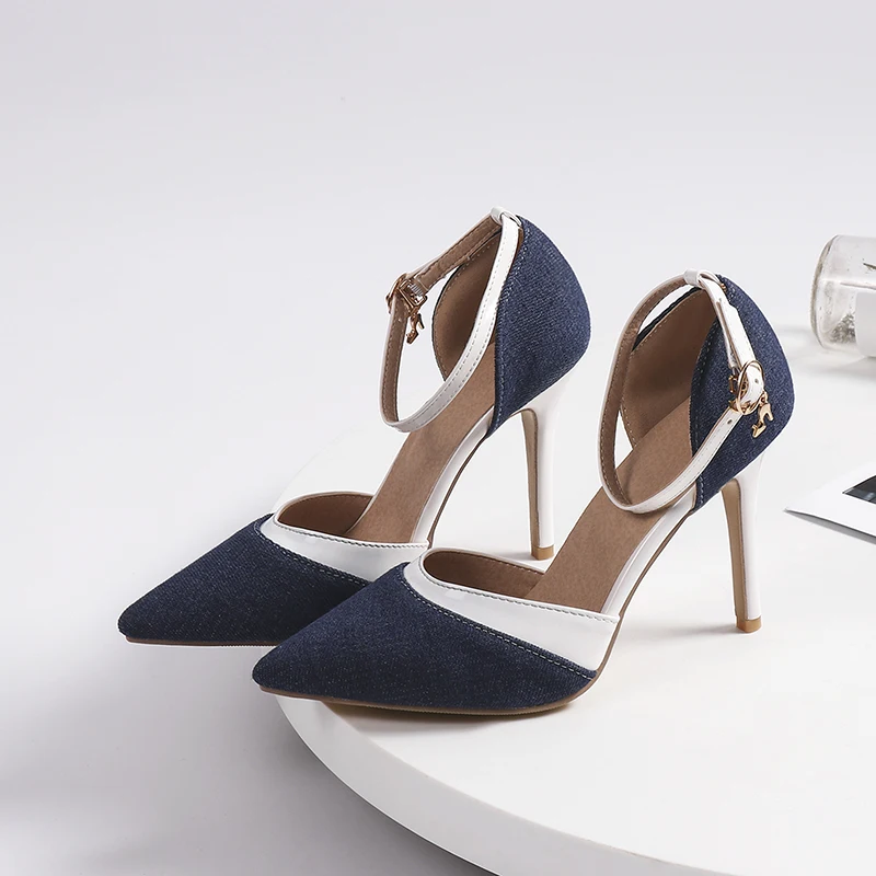 
New Pointy Toe Denim Patchwork Ladies Thin Heel Pumps 