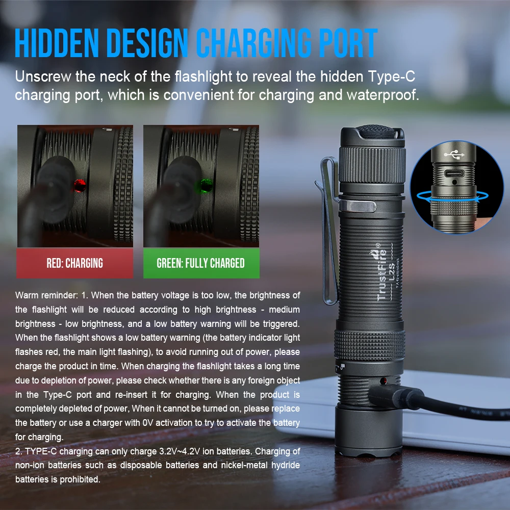 TrustFire L2S Tactical flashlight 1050Lumens IPX6 Waterproof 14500 USB C Potable Torch Flashlight