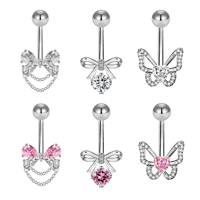 G23 Titanium Belly Piercing Butterfly Series Pink Zircon Bow Belly Ring Navel Piercing With Chain