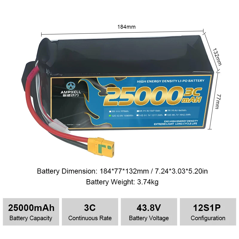 25000mAh 43.8V 12S1P Semi-solid factory price lithium  lipo batteries  for eVTOL, mapping,inspection and surveillance